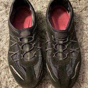 Gray and pink slide on shoes